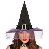 Chapeau de sorcière noir avec voile lilas