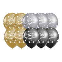 Ballons Happy Birthday argent, or et noir 30 cm - 10 pcs.