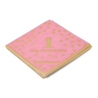 Serviettes de table premier anniversaire rose 16,5 x 16,5 cm - 12 pcs.