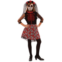 Costume de Catrina rouge et noir avec têtes de mort pour filles