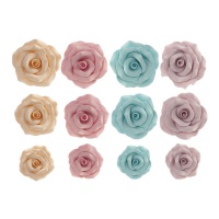 Figurines en sucre de roses dans des tons pastel - Dekora - 12 unités