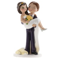 Figurine de gâteau de mariage de 16 cm représentant le marié qui fait un clin d'oeil et la mariée dans les bras