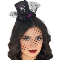 Serre-tête mini chapeau avec voile et araignée noire