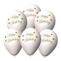 Ballons en latex blanc biodégradable avec phrase dorée Happy Birthday 23 cm - 6 unités