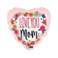 Ballon coeur Love You Mom décoré de fleurs 46 cm - Grabo