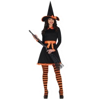 Costume de sorcière orange et noir avec chapeau pour femmes
