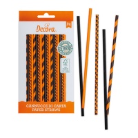 Pailles en papier biodégradable orange et noir de 21 cm - Decora - 80 pcs.