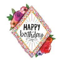 Happy Birthday ballon diamant avec fleurs 52 x 64 cm - Grabo