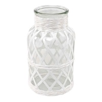 Bougeoir en verre et raphia blanc 14 x 26 cm - Dcasa