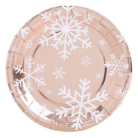 Assiettes métalliques or rose avec flocons de neige 23 cm - 6 pcs.