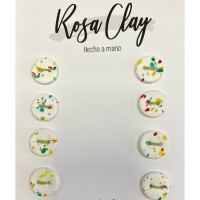 Boutons en argile rose avec points de couleur 1,5 cm - 8 unités
