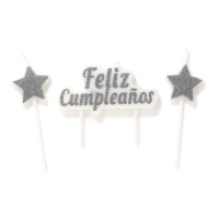 Bougies de joyeux anniversaire avec étoiles et paillettes argentées - 3 pcs.