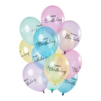 Ballons latex pastel multicolores Happy Birthday 30 cm - 12 unités