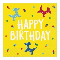 Serviettes de table Happy Birthday jaunes avec chiens - 16,5 x 16,5 cm - 16 pcs.