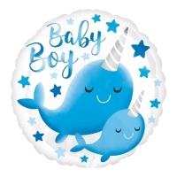 Ballon rond narval bleu avec message Baby Boy 43 cm - Anagramme