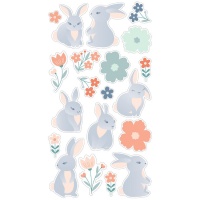 Autocollants gaufrés lapins de Pâques et fleurs - 1 feuille
