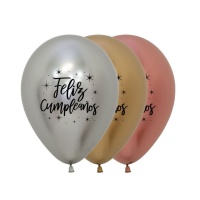 Ballons en latex biodégradables métalliques Happy Birthday avec étoiles 30 cm - Sempertex - 12 pcs.