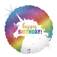 Ballon pailleté Happy Birthday licorne 46 cm - Grabo