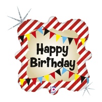 ballon carré 46 cm Happy Birthday avec rayures - Grabo