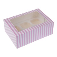 Boîte à cupcakes rayée rose et blanche pour 6 cupcakes 22,9 x 16,5 x 9 cm - Maison de Marie - 2 pcs.