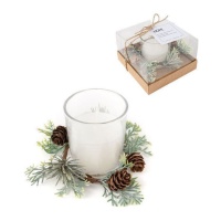 Bougie avec verre de Noël blanc décoré 10,5 x 6,6 cm