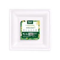 Assiettes carrées en carton blanc compostable de 26 cm de côté - 50 pièces.