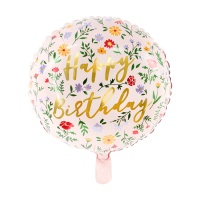 Ballon rond Happy Birthday avec fleurs 35 cm - PartyDeco