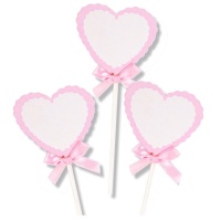 Décorations de gâteau en forme de coeur rose avec noeud - 3 pcs.