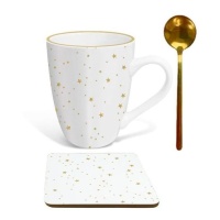 Mug 300 ml Gold Stars avec cuillère et sous-verre