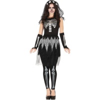 Costume de squelette avec voile gris pour femmes