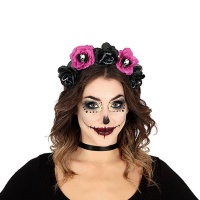 Bandeau Catrina lilas et fleurs noires avec têtes de mort