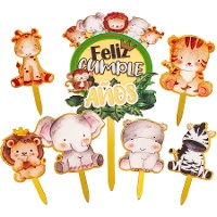 Topper pour gâteau d'anniversaire sur le thème des animaux - 7 unités