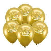 Ma première communion ballons en latex dorés avec colombe 23 cm - 6 unités