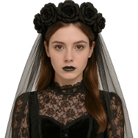 Diadème avec voile noir et fleurs noires