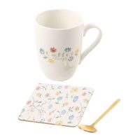 Tasse 300 ml Fleurs avec cuillère et sous-verre - DCasa