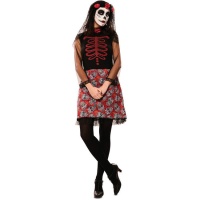 Costume de catrina rouge et noir avec têtes de mort pour femmes