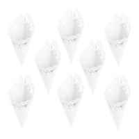 Cônes en papier blanc avec dentelle - 10 pcs.