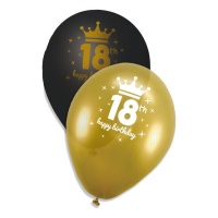 Ballons en latex noir et or Happy 18th avec couronne 23 cm - 6 pcs.