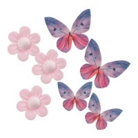 Gaufrettes fleurs et papillons roses et lilas - 7 pcs.