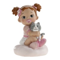 Figurine pour gâteau de baptême bébé fille avec chat - 10 x 6 cm