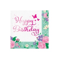 Serviettes de table fleurs et papillons avec Happy Birthday - 16,5 x 16,5 cm - 16 unités