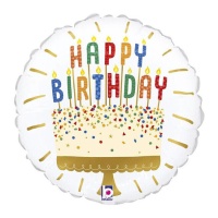 Happy Birthday ballon rond avec gâteau et bougies 19 x 19 cm - Grabo