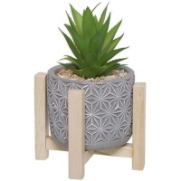 Plante artificielle cactus avec bordure grise jardinière avec base en bois 11,5 x 21 cm