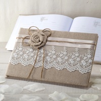 Cahier de signatures en jute avec fleur et dentelle 25 x 16 cm