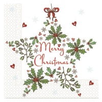 Serviettes blanches Joyeux Noël avec étoile et ornements 16,5 x 16,5 cm - 20 pcs.