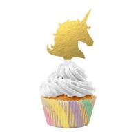 Capsules et piques à cupcake en forme de licorne dorée - 24 pcs.