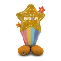 Ballon étoile et arc-en-ciel avec base Happy Birthday 71 x 125 cm - Grabo