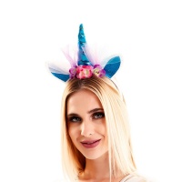 Bandeau licorne bleu avec fleurs et tulle