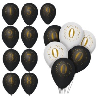 Ballons en latex noir et blanc avec chiffres dorés et blancs 23 cm - 6 unités