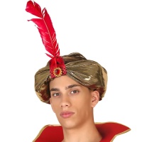 Turban doré avec plume rouge